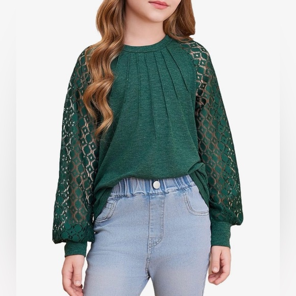 Blibean Green Lace Sleeve Top | Girls Size 8-9 | Long Sleeve Boutique Blouse - Picture 2 of 9